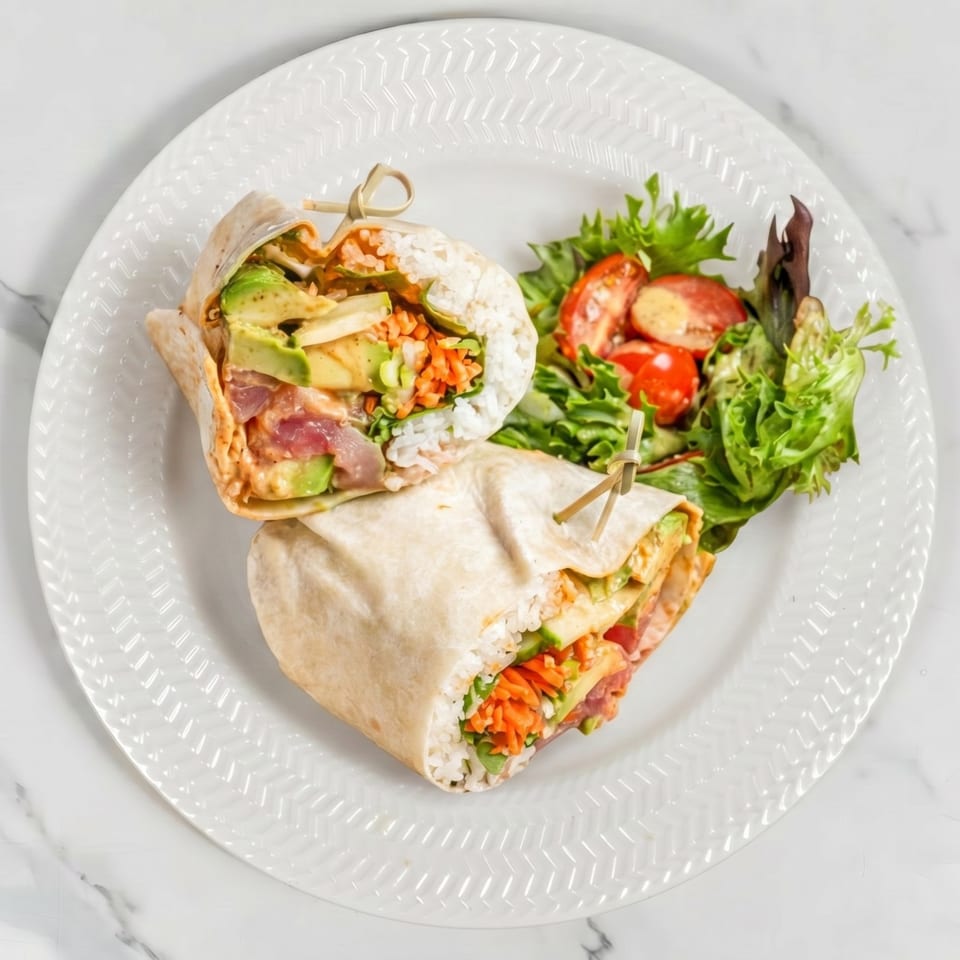 Two halves of a sushi burrito with tuna, avocado, and rice, served with a side salad.