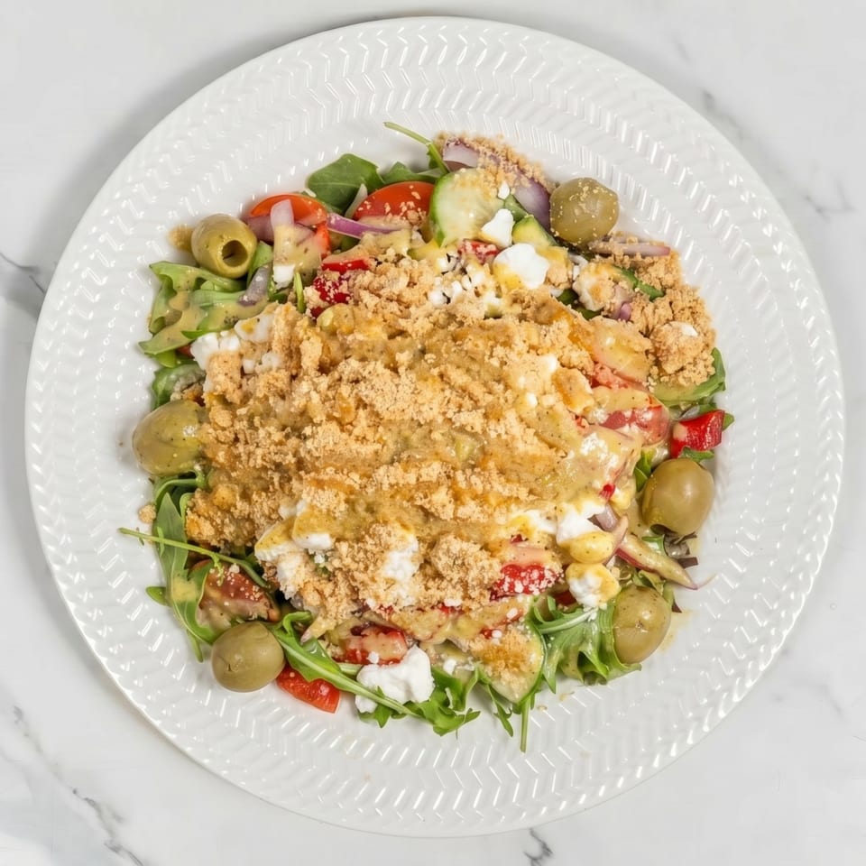 A vibrant salad with greens, tomatoes, olives, feta, and a generous topping of breadcrumbs and dressing.
